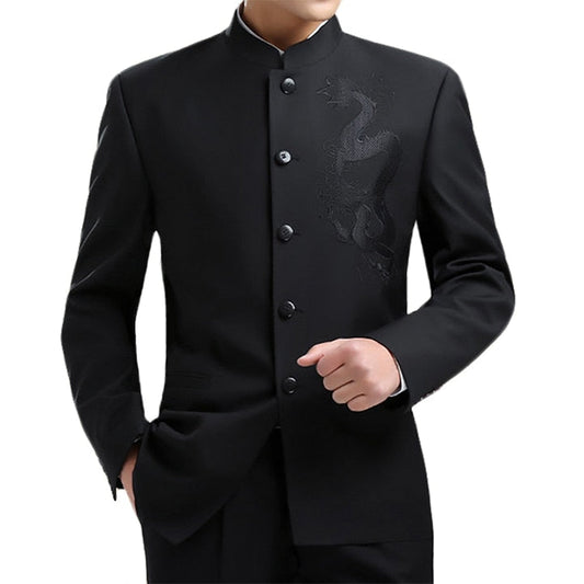 jiaabc Dragon Embroidery Men Chinese Style Tunic Suit Jacket Mandarin Stand Collar New  Kung Fu Uniform Coat Single Breasted Black