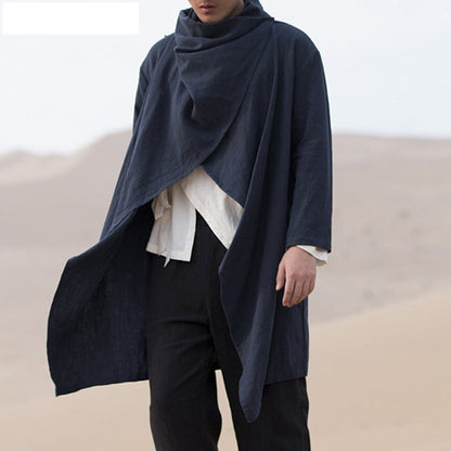 Men Retro Jackets Trench Windbreaker  Solid Scarf Collar Casual Irregular  Long Sleeve Cloak Cotton Stylish Mens Windbreaker