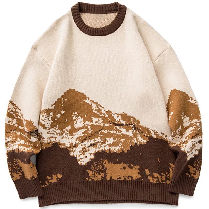 jiaabc Men Hip Hop Streetwear Harajuku Sweater Vintage Japanese Style Snow Mountain Knitted Sweater Winter Casual Pullover Knitwear