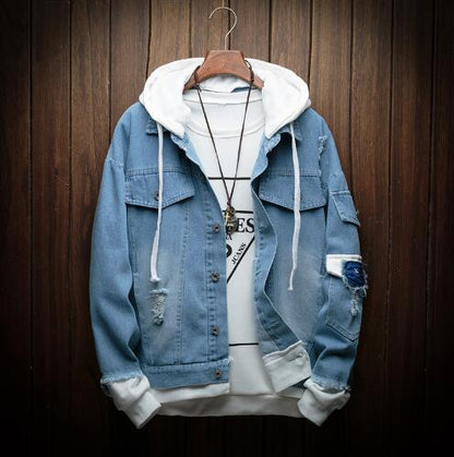 jiaabc Autumn New Hooded Denim Jacket Men Fashion Fake Two Pieces Of Streetwear Bomber Jacket And Coat Man Cowboy Clothes Male  A9147