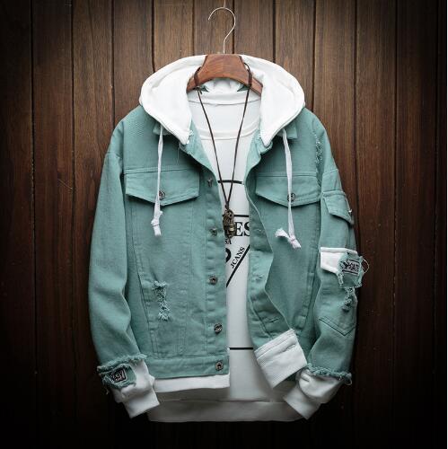 jiaabc Autumn New Hooded Denim Jacket Men Fashion Fake Two Pieces Of Streetwear Bomber Jacket And Coat Man Cowboy Clothes Male  A9147