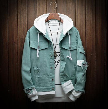 jiaabc Autumn New Hooded Denim Jacket Men Fashion Fake Two Pieces Of Streetwear Bomber Jacket And Coat Man Cowboy Clothes Male  A9147