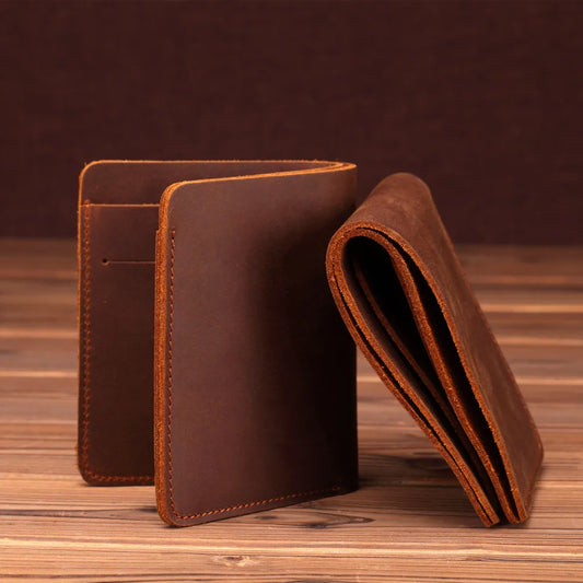 jiaabc Crazy Horse Leather Men Wallets Retro Handmade Small Purse Top Cow Leather Brand Designer Minimalist Wallet Portomonee