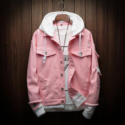 jiaabc Autumn New Hooded Denim Jacket Men Fashion Fake Two Pieces Of Streetwear Bomber Jacket And Coat Man Cowboy Clothes Male  A9147