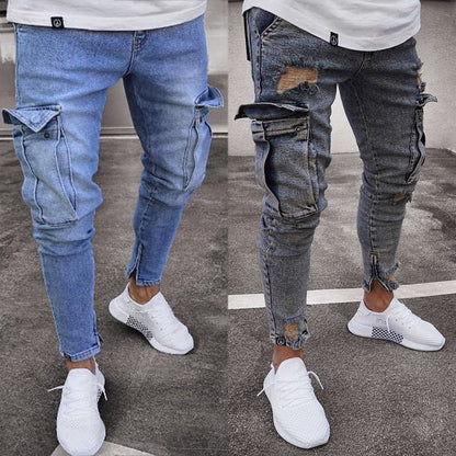 jiaabc Autumn Men Jeans Casual Pants New Fashion Frayed Slim Fit Long Denim Pants Hole Jeans