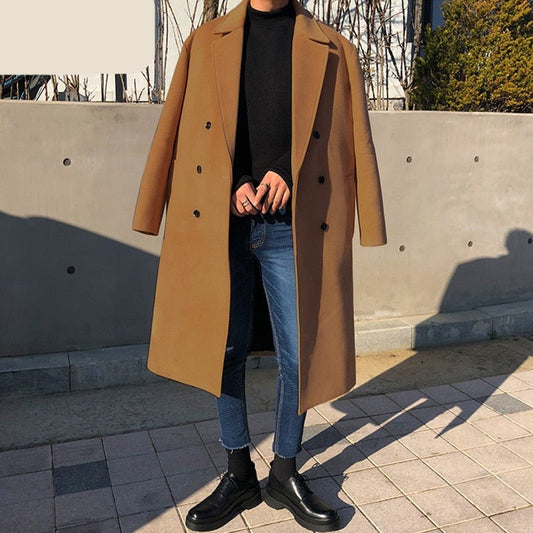 jiaabc Winter Fashion Woolen Blends Coat Men Korean Style Lapel Solid Color Windbreaker Thick British Casual Coat Male