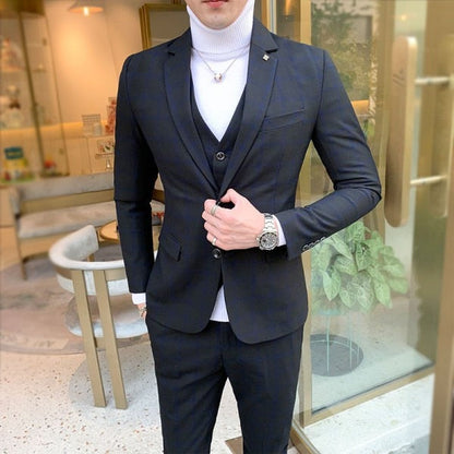 jiaabc Men Dress Blazers Pants Vest 3 Piece Set / Male Wedding New 2023 Autumn Business Formal Plaid Suit Luxury Slim Fit Coat Trousers