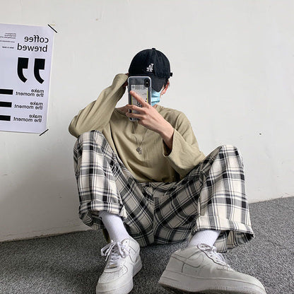 Men Pants Plaid Loose Comfortable Retro Casual  All-match Elastic Waist Chic Wide Leg Trousers Fashion Streetwear Korean Style