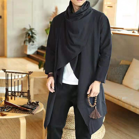 jiaabc Vintage Ponchos Men Irregular Cardigan Coats Long Sleeve Scarf Collar Trench Cotton Outwear Solid Cloak Jackets Men Streetwear