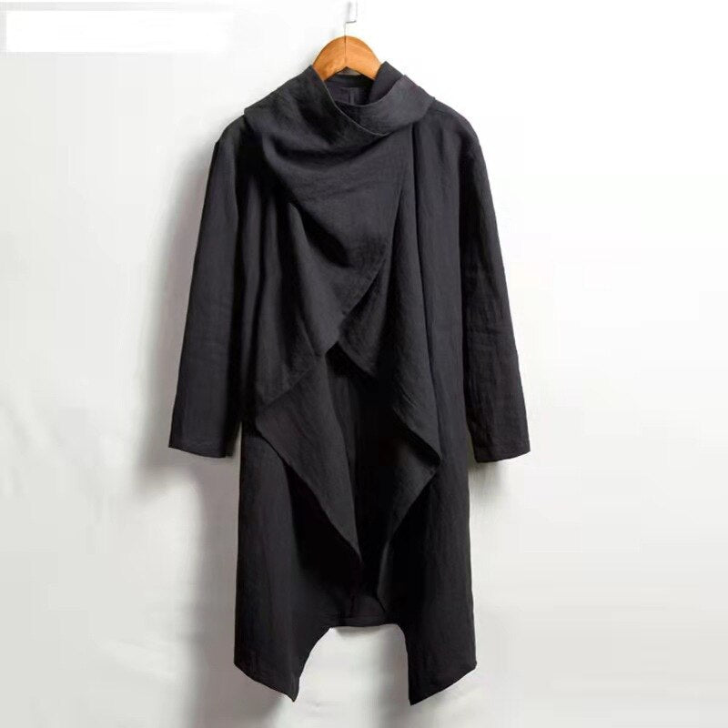 jiaabc Vintage Ponchos Men Irregular Cardigan Coats Long Sleeve Scarf Collar Trench Cotton Outwear Solid Cloak Jackets Men Streetwear