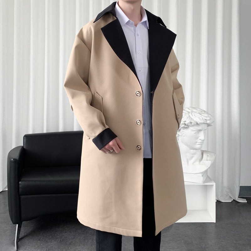 jiaabc Autumn Men's Trenchcoat Contrast Color Turn-down Collar Male Long Coat Loose Overcoat Trend Handsome Casual Windbreaker