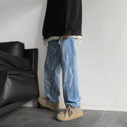 jiaabc Hip-hop Tie-dye Jeans Men Fashion Retro Casual Baggy Wide-leg Jeans Mens Streetwear Korean Loose Camo Straight Denim Pants Men