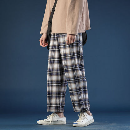 jiaabc Spring Summer Thin Plaid Pants Men Fashion Retro Casual Pants Mens Streetwear Wild Loose Drawstring Straight Trousers Men M-3XL