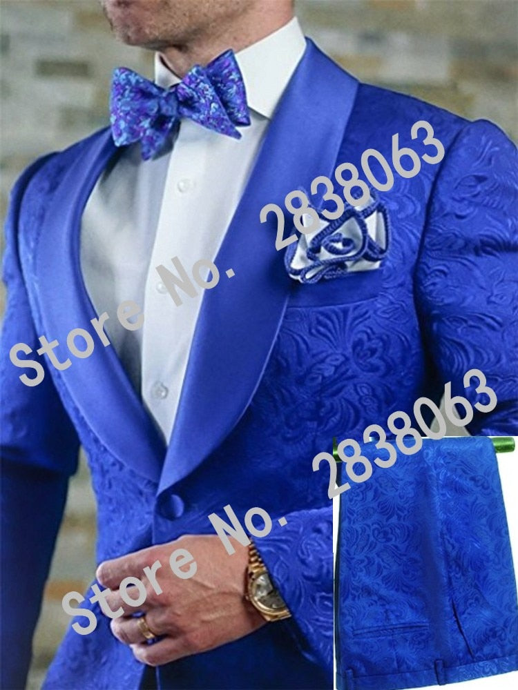 Groomsmen White Pattern Groom Tuxedos Shawl Satin Lapel Men Suits 2 Pieces Wedding Bridegroom ( Jacket + Pants + Tie  ) D201