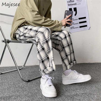 Men Pants Plaid Loose Comfortable Retro Casual  All-match Elastic Waist Chic Wide Leg Trousers Fashion Streetwear Korean Style