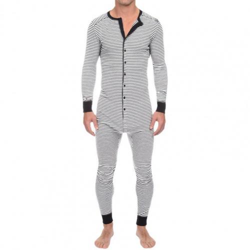 jiaabc Men Underwear Pajama Skinny Striped Jumpsuit Long Sleeve O Neck Buttons Romper Sleepwear Overall Wholesale Onesies- Pajama Set