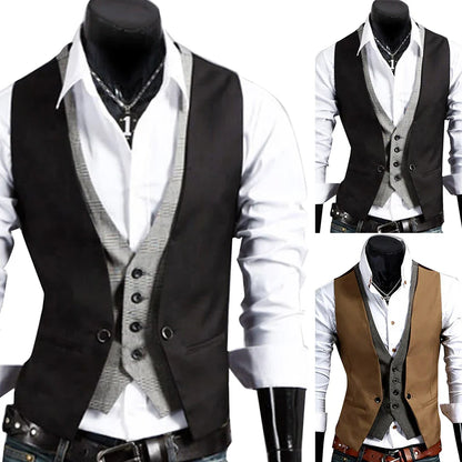 jiaabc Men Formal Waistcoat Vest Business Solid Color Single Button Vest gilet Fake Two-pieces V Neck Casual S-lim chalecos para hombre