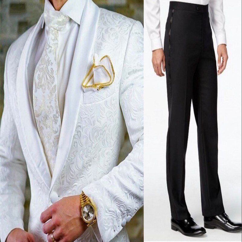 Groomsmen White Pattern Groom Tuxedos Shawl Satin Lapel Men Suits 2 Pieces Wedding Bridegroom ( Jacket + Pants + Tie  ) D201