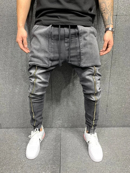 jiaabc Men Hip-Hop Pants Big Pocket Skinny Jeans Zipper Slim High Quality Jeans Casual Sport Corset Jeans M-3XL