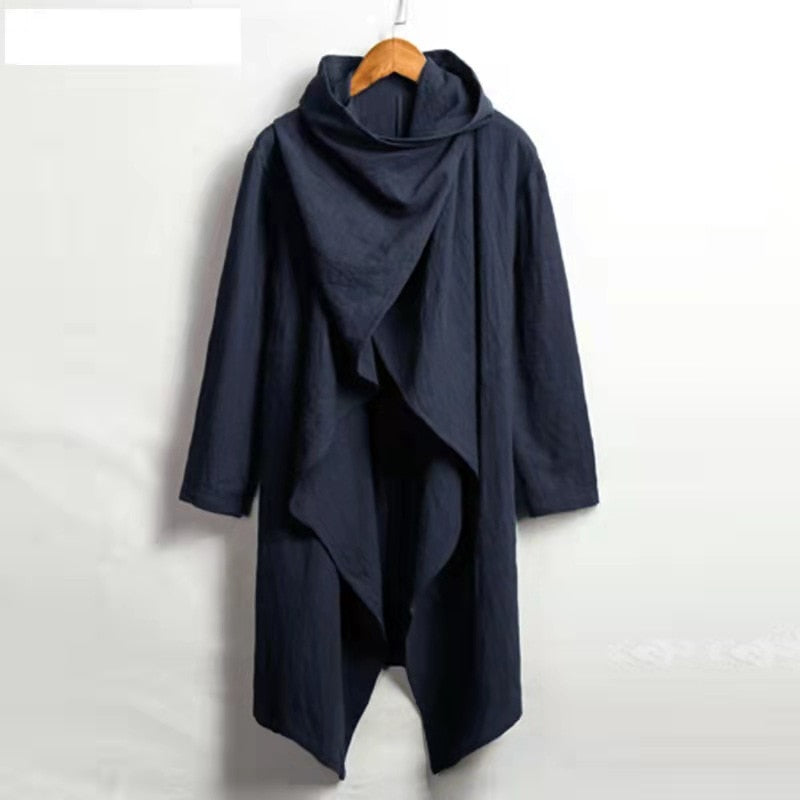 jiaabc Vintage Ponchos Men Irregular Cardigan Coats Long Sleeve Scarf Collar Trench Cotton Outwear Solid Cloak Jackets Men Streetwear