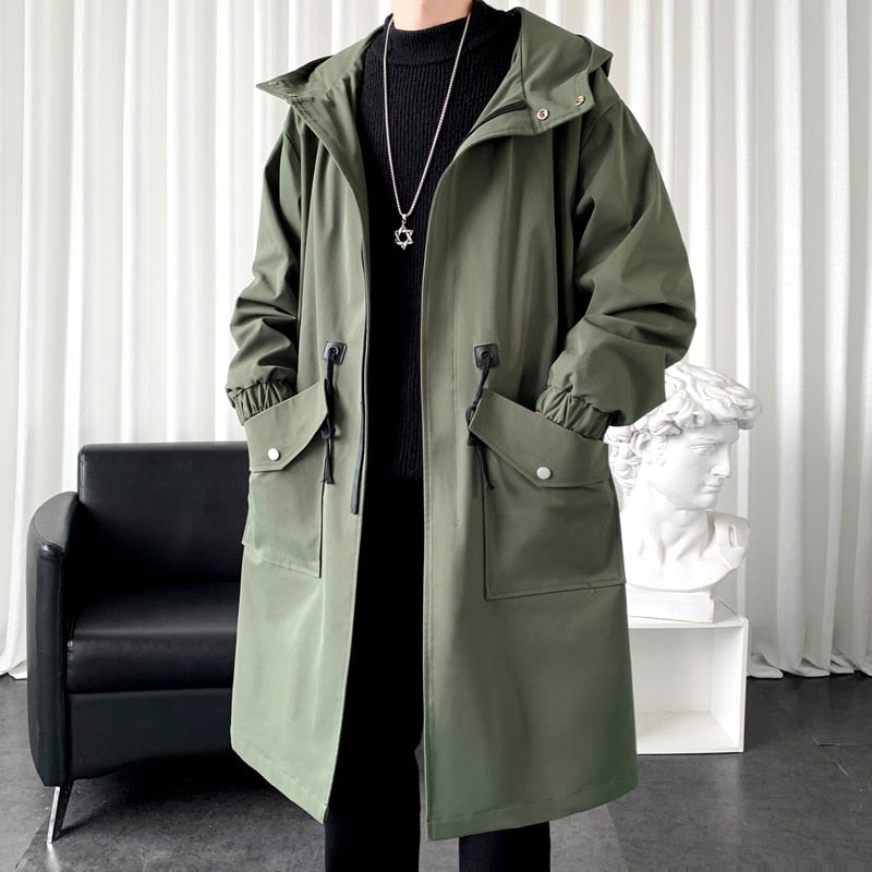 jiaabc Trench Coat Mens New Fashion Overcoat Men Casual Slim Fit Windbreaker Solid Long Coat Male Autumn Homme Black/Khaki/Army green