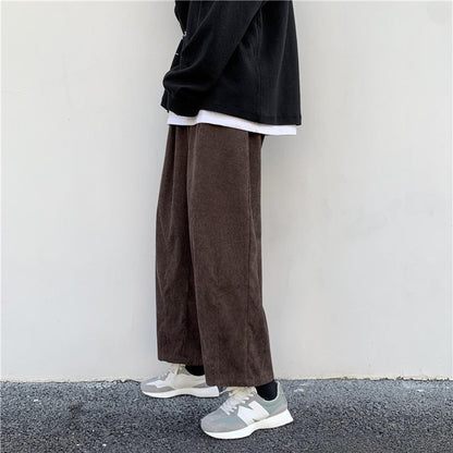 jiaabc Men Casual Pants Plus Size 3XL Solid Corduroy Straight Trousers Male Loose Ins Chic Elastic Waist Trendy Korean Style Streetwear