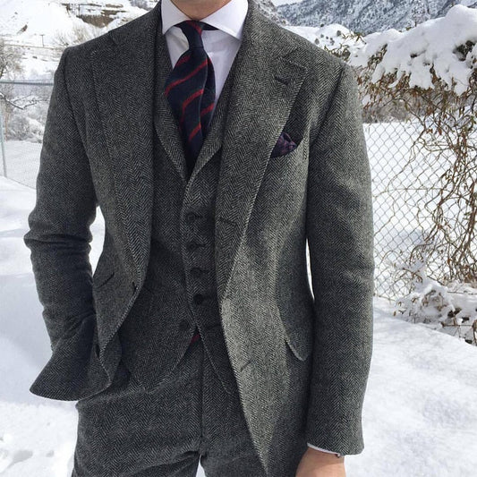 Gray Wool Tweed Winter Men Suit's For Wedding Formal Groom Tuxedo Herringbone Male Fashion 3 Piece (Jacket +Vest +Pants+Tie)