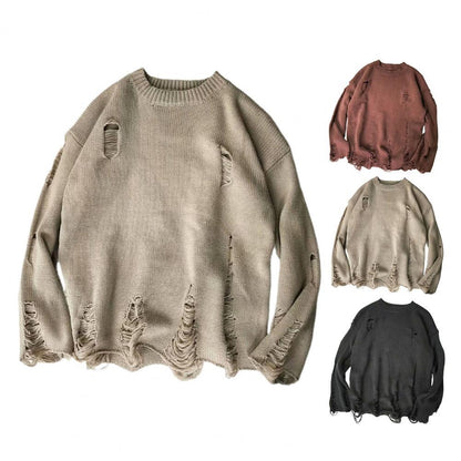 jiaabc Men Wash Hole Ripped Knit Sweaters Solid Color Ripped O Neck Oversized Couple Sweater Winter Cool Boy Men's Clothes Streetwear