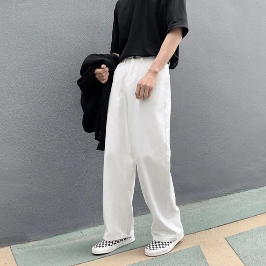 jiaabc Wide Leg Jeans Men Fashion Casual White Jeans Men Streetwear Korean Loose Hip-hop Straight Jeans Mens Denim Trousers M-3XL