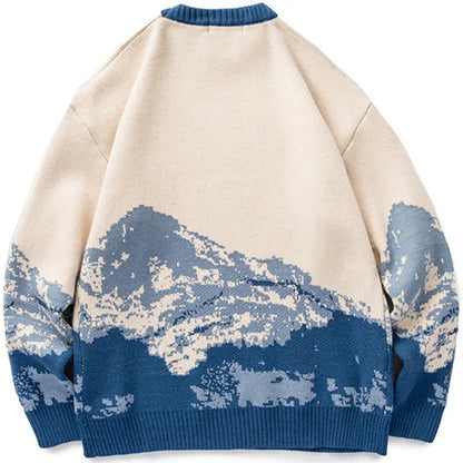 jiaabc Men Hip Hop Streetwear Harajuku Sweater Vintage Japanese Style Snow Mountain Knitted Sweater Winter Casual Pullover Knitwear