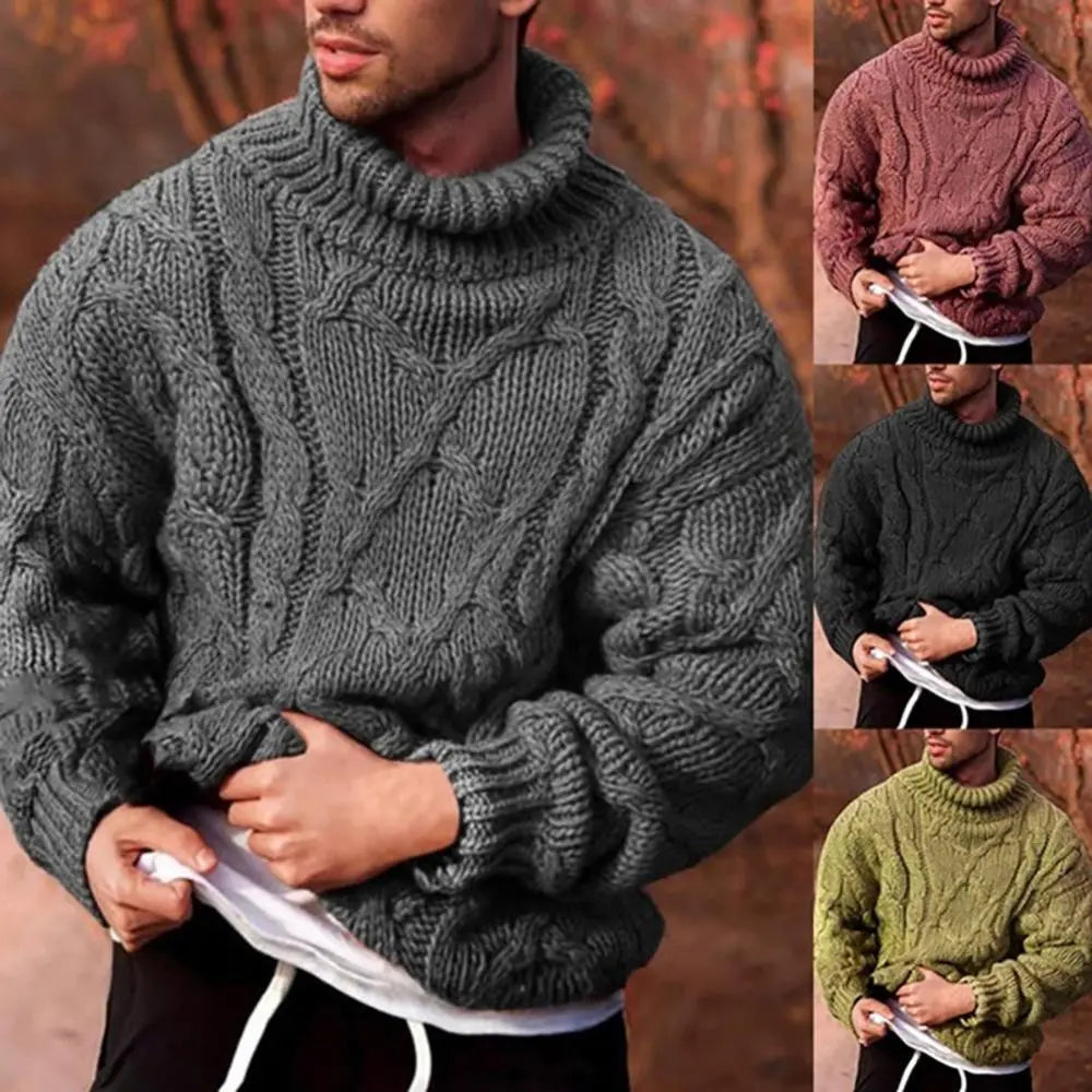 jiaabc Men's Sweater Fashion Twist Braid Autumn Winter Knit Sweater Solid Color Cotton Warm Slim Fit Turtle-Neck Jumper Pullover свитер