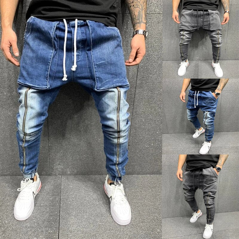 jiaabc Men Hip-Hop Pants Big Pocket Skinny Jeans Zipper Slim High Quality Jeans Casual Sport Corset Jeans M-3XL