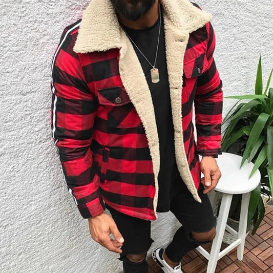 jiaabc Fashion Casual Pocket Long Sleeve Jacket Men Winter Lining Fleece Warm Coats Top Loose Turn-down Collar Plaid Retro Outwear