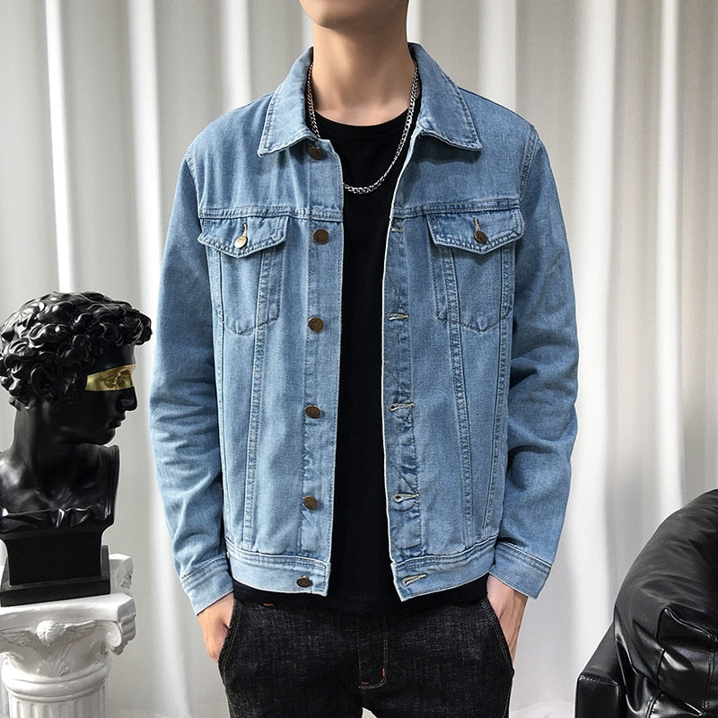 New Solid Casual Cotton Denim Jacket  Men Plus Size M-5XL  Lapel Single Breasted Jeans Jacket Men Autumn Slim Fit Jackets