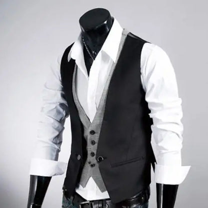 jiaabc Men Formal Waistcoat Vest Business Solid Color Single Button Vest gilet Fake Two-pieces V Neck Casual S-lim chalecos para hombre