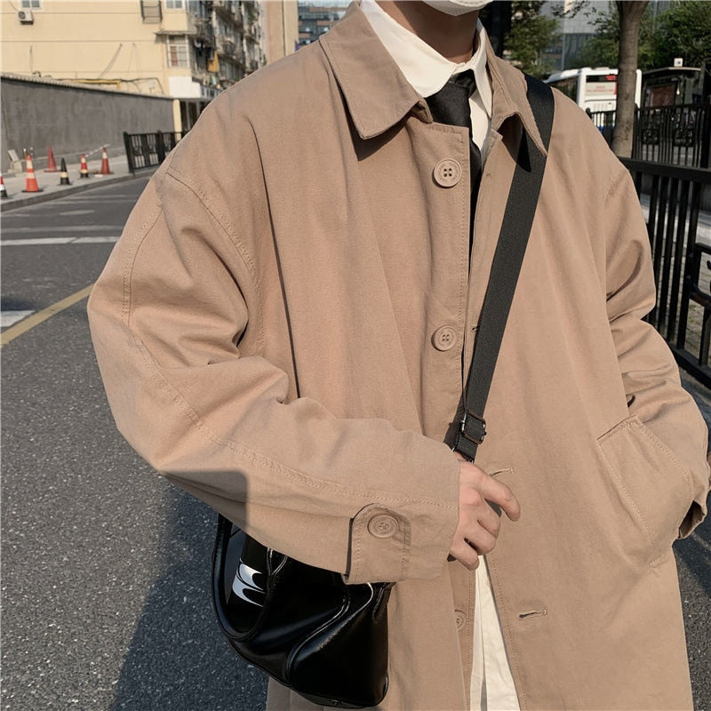 jiaabc Autumn Khaki/Black Trench Coat Men Fashion Casual Long Coat Men Korean Loose Oversized Windbreaker Jacket Mens Overcoat M-2XL