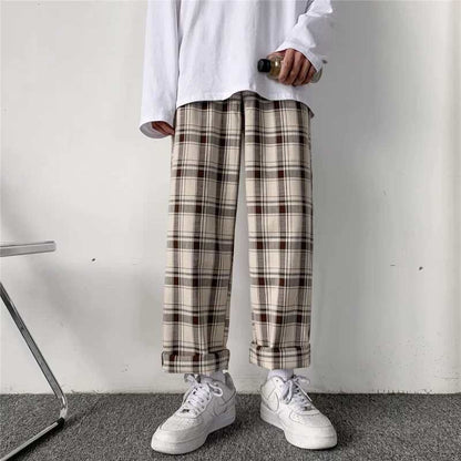 Men Pants Plaid Loose Comfortable Retro Casual  All-match Elastic Waist Chic Wide Leg Trousers Fashion Streetwear Korean Style