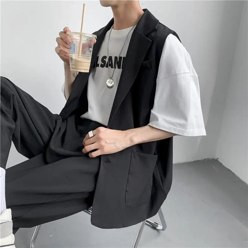 jiaabc Spring Suit Vest Men's Fashion Gray Black Dress Jacket Men Suit Jacket Korean Loose Business Society Mens Blazer Vest M-2XL