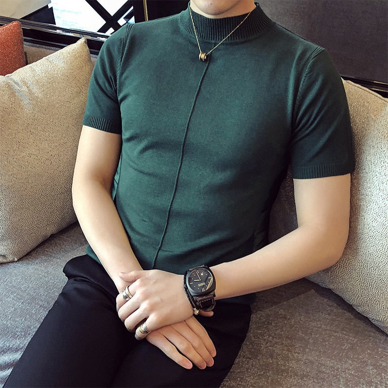 jiaabc 7 Colors Half High Collar Men T-shirt New Spring Short Sleeve  Solid Color Sweater Pullover T Shirt Slim Knitted Tees Top