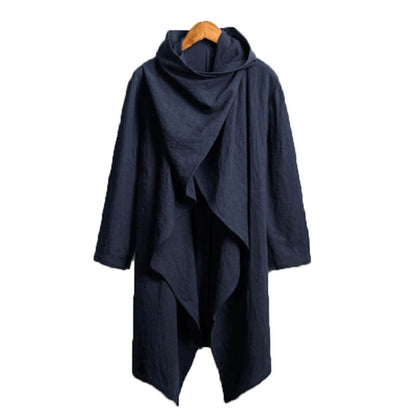 Men Retro Jackets Trench Windbreaker  Solid Scarf Collar Casual Irregular  Long Sleeve Cloak Cotton Stylish Mens Windbreaker