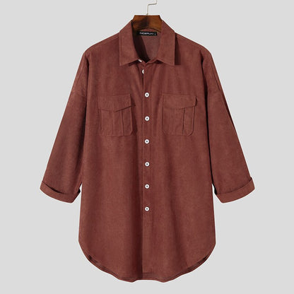 jiaabc Casual Men's Mid-length Suede Loose Shirts Tops Autumn Hot Sale Winter Vintage Lapel Collar Button Up Blouse S-5XL