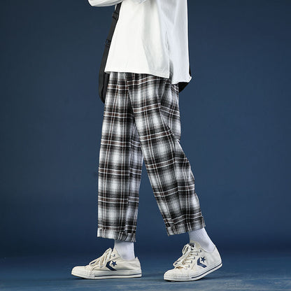 jiaabc Spring Summer Thin Plaid Pants Men Fashion Retro Casual Pants Mens Streetwear Wild Loose Drawstring Straight Trousers Men M-3XL