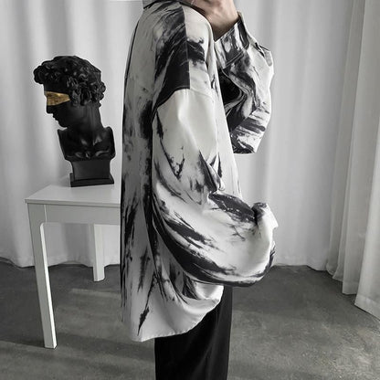 Long sleeve shirt for men women abstinence black white tie-dye drape loose blouse autumn aesthetic high street punk unisex shirt