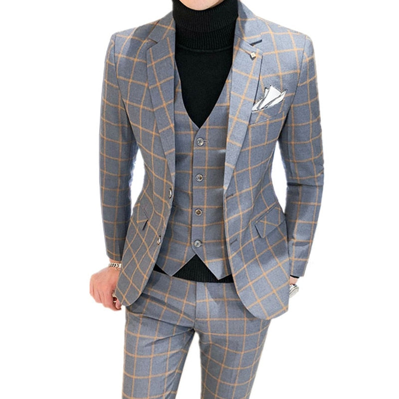 jiaabc Men Dress Blazers Pants Vest 3 Piece Set / Male Wedding New 2023 Autumn Business Formal Plaid Suit Luxury Slim Fit Coat Trousers