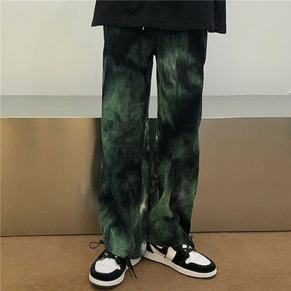 jiaabc Hip Hop Tie Dye Pants Men's Fashion Casual Retro Corduroy Pants Men Streetwear Korean Loose Straight Wide Legs Pants Mens M-XL