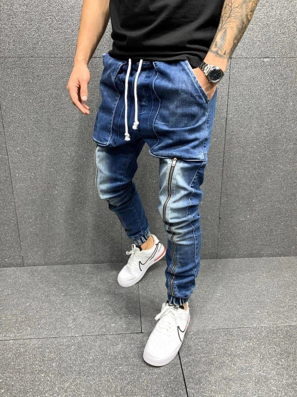 jiaabc Men Hip-Hop Pants Big Pocket Skinny Jeans Zipper Slim High Quality Jeans Casual Sport Corset Jeans M-3XL