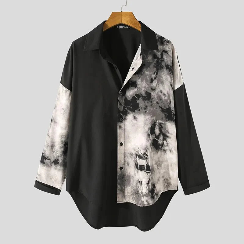 jiaabc Men Casual Shirt Spring Print Patchwork Lapel Long Sleeve Streetwear Tops Korean Loose Fashion Shirts Camisas 5XL