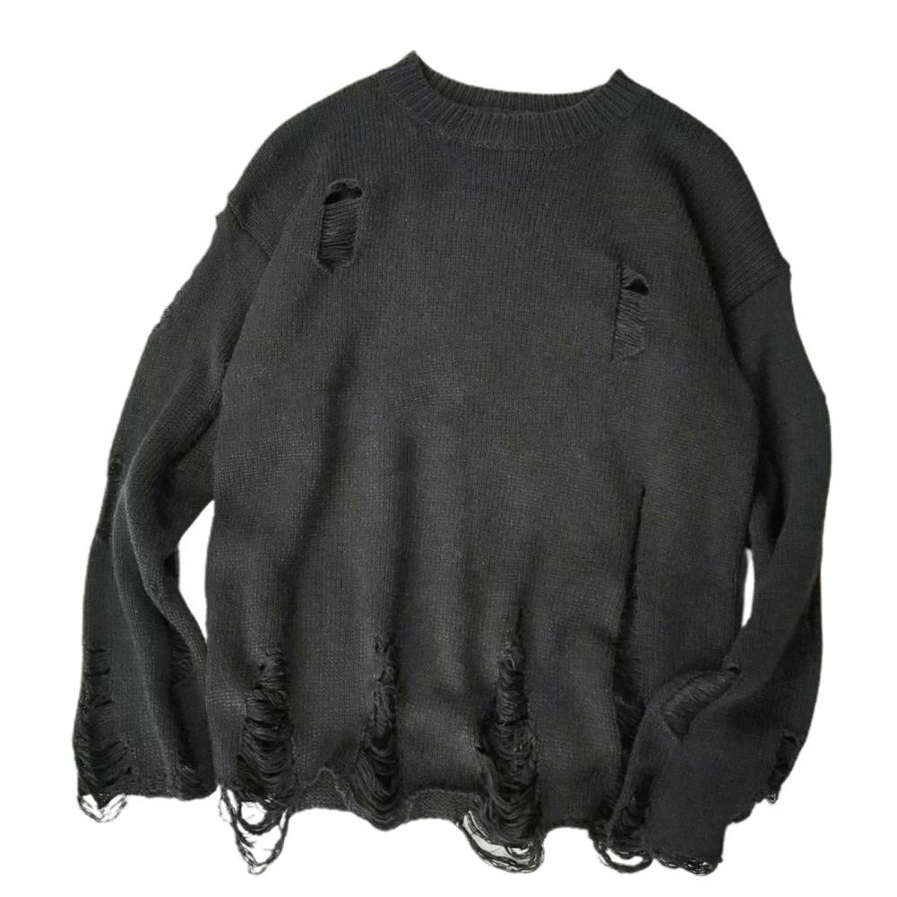 jiaabc Men Wash Hole Ripped Knit Sweaters Solid Color Ripped O Neck Oversized Couple Sweater Winter Cool Boy Men's Clothes Streetwear