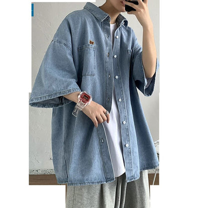 jiaabc Bear Embroidered Denim Short Sleeve Shirt Men&#39;s summer half Sleeve coat thin ruffian handsome trend camisa shirts streetwear