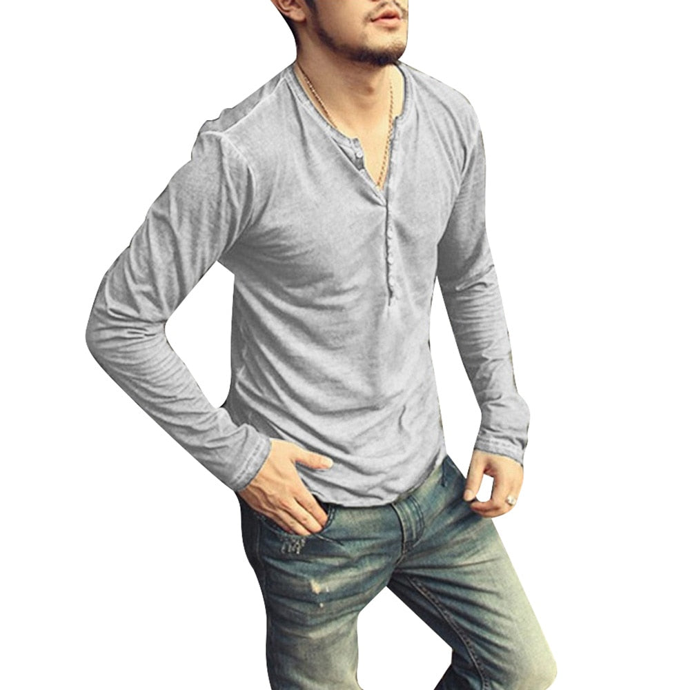 Men Tee Shirt V-neck Long Sleeve Tee&Tops Stylish Slim Buttons T-shirt Autumn Casual Solid Male Clothing Plus Size 3XL